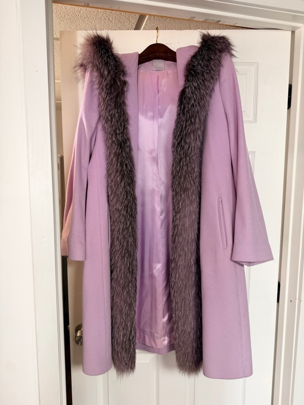 Lavender Real Fur/Cashmere Trim Hooded Coat - Women